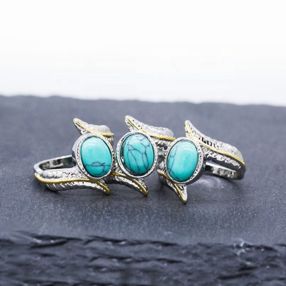 Jewelry - ✨925 Silver Plated Green Turquoise Leather Shape Cut Ring, GPMB1514